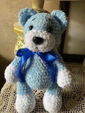 Handmade Crochet Blue & White Plush Teddy Bear with Ribbon 11” new.